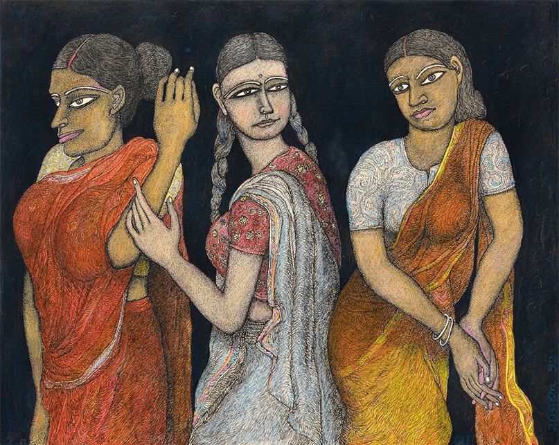 Three women, 1992 56 x 71 cm Ink & Pastel. Source: architecturaldigest.in